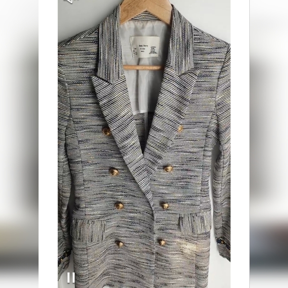 Women' tweed studded Metallic blazer Double breasted Sze S blue gold cocktail - Picture 3 of 11